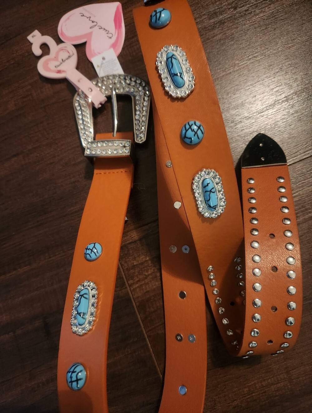 Rhinestone-Embellished Orange Western Belt with Turquoise Accents